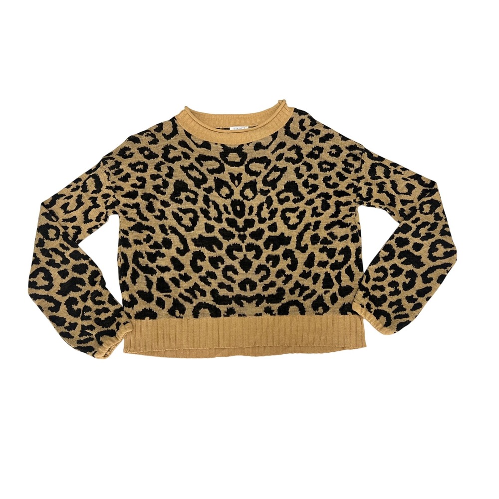 Time and Tru Womens Leopard Print Crew Neck Sweater Tan Black XS 0-2 Made in USA